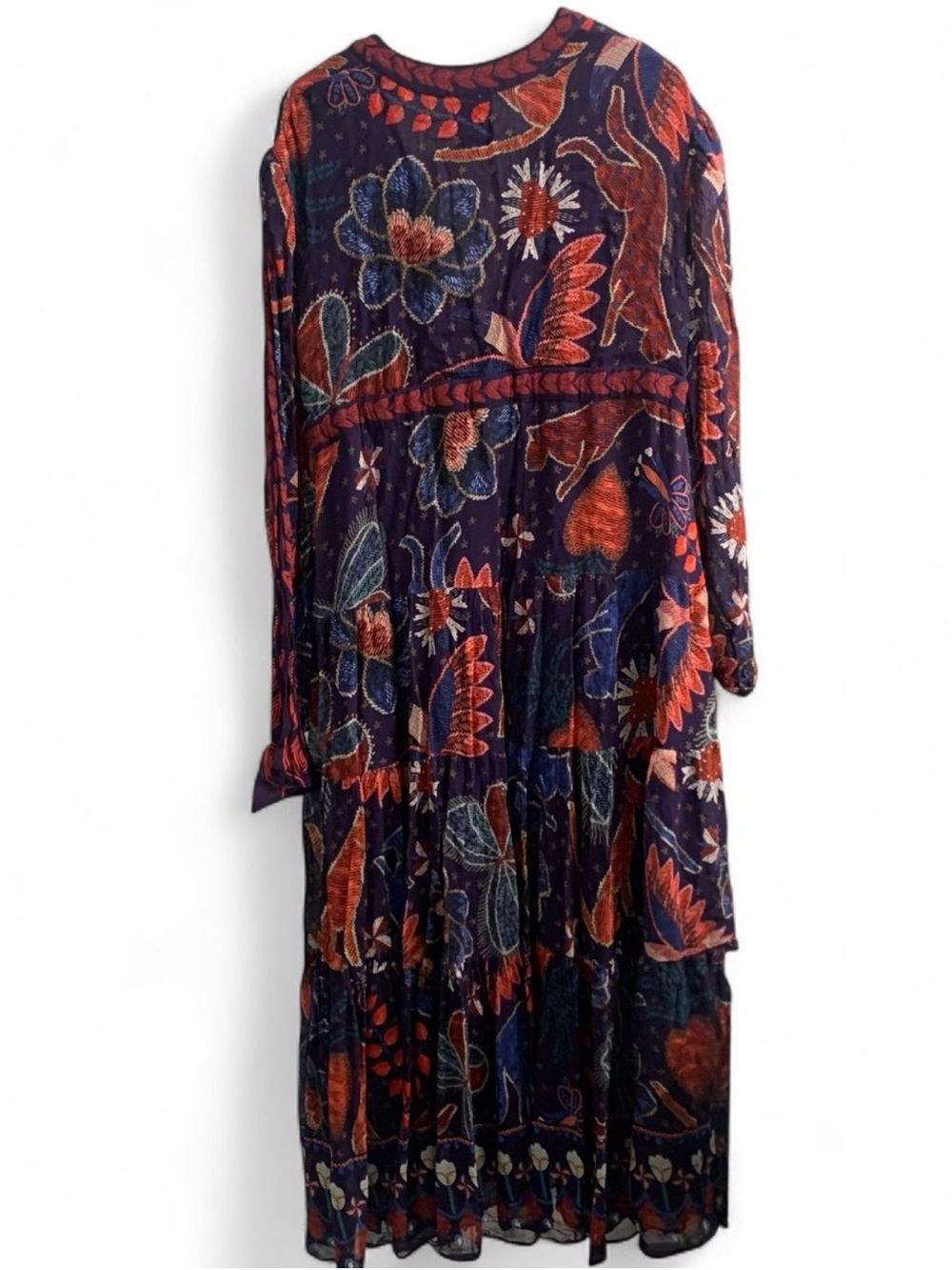 Farm Rio Tropical Shine Maxi Dress Blue & Red Print long Sleeve Boho Size Medium - Picture 5 of 8